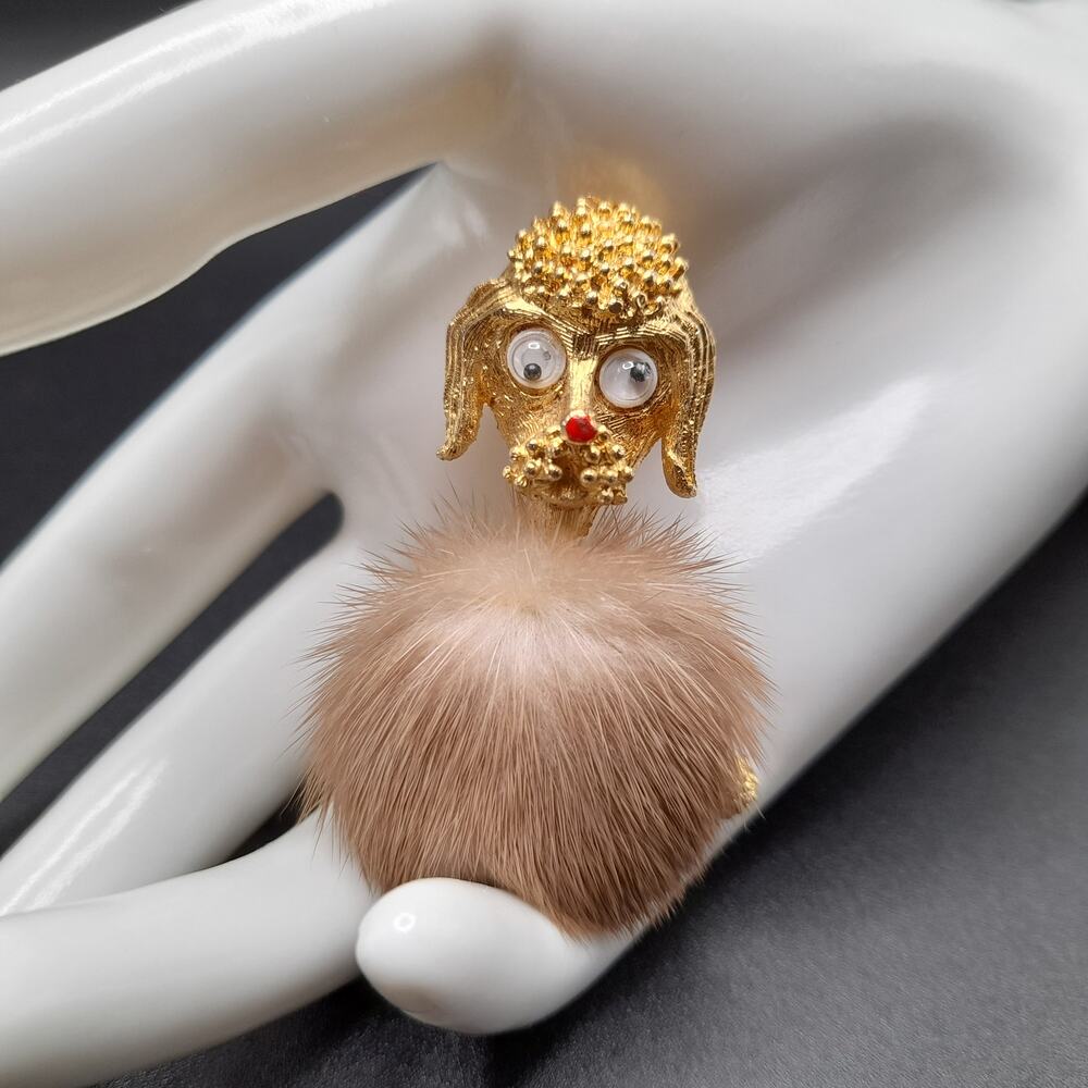 Vintage 1950s Mink Fur Poodle Brooch Gold Tone Googly Eyes Dog Pin